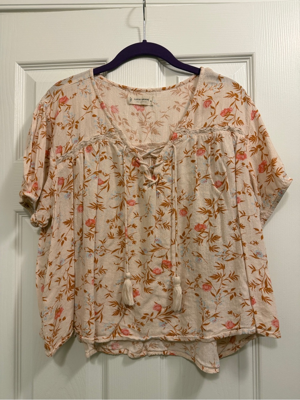 Lucky Brand Blush Floral Lace-Up Peasant Blouse